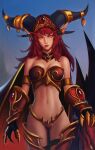  1girl absurdres alexstrasza armor bare_shoulders bikini_armor black_gloves breasts closed_mouth colored_sclera distr dragon earrings gloves highres horn_ornament horn_ring horns jewelry light_smile lipstick long_eyebrows long_hair looking_at_viewer makeup medium_breasts navel pointy_ears red_hair red_lips redrawn solo standing thigh_strap vambraces warcraft wings world_of_warcraft yellow_eyes yellow_sclera 