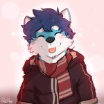  1:1 anthro black_clothing black_nose black_topwear blep blue_body blue_ears blue_fur blue_hair blush bust_portrait canid canine canis cheek_tuft clothed clothing domestic_dog eyes_closed facial_tuft front_view fur hair hi_res male mammal pache_riggs portrait red_scarf red_tongue scarf short_hair signature simple_background solo tongue tongue_out topwear tuft white_body white_fur white_inner_ear 
