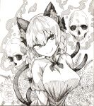 1girl animal_ears bangs bow braid breasts cat_ears cat_tail closed_mouth commentary_request dress extra_ears fang fang_out flaming_skull floating_skull flower frilled_dress frills graphite_(medium) greyscale hair_between_eyes hair_bow hatching_(texture) highres juliet_sleeves kaenbyou_rin ke-su large_breasts long_hair long_sleeves looking_at_viewer monochrome multiple_tails puffy_sleeves shikishi skull smile solo split_mouth tail touhou traditional_media twin_braids upper_body 