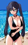  1girl absurdres alternate_breast_size arm_under_breasts beach black_choker black_hair black_one-piece_swimsuit blue_sky breasts choker closed_mouth collarbone cowboy_shot day earrings furrowed_brow genshin_impact green_eyes highres holding_own_arm jewelry large_breasts long_hair mona_(genshin_impact) ocean one-piece_swimsuit outdoors shell sky solo sparkle_hair_ornament star_(symbol) star_earrings starfish swimsuit thighs twintails uuroncha very_long_hair water wet wet_hair 