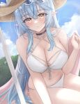  1girl absurdres bare_shoulders bikini black_choker blue_hair blue_sky breasts choker cleavage cloud collarbone eyewear_on_head flower hair_flower hair_ornament hat highres holding holding_towel hololive large_breasts leaning_to_the_side light_blue_hair long_hair looking_at_viewer mofu07519 navel outdoors parted_lips pointy_ears side-tie_bikini_bottom sitting sky solo sun_hat sunglasses swimsuit thighs towel very_long_hair virtual_youtuber white_bikini white_flower yellow_eyes yukihana_lamy 