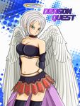  angel_wings breasts bridal_gauntlets choker cleavage dragon_quest dragon_quest_ix earrings elbow_gloves gloves green_eyes halo jewelry large_breasts midriff nene_(bazura66) raviel short_hair silver_hair skirt thighhighs wings 