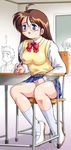  blue_eyes blush brown_hair chair classroom desk footwear glasses long_hair masturbation school_uniform schoolgirl sitting skirt socks stealth stealth_masturbation tanuki_gakuen through_panties 