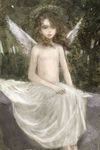  androgynous angel bad_id bad_pixiv_id brown_hair child curly_hair long_hair original pon solo topless wings 