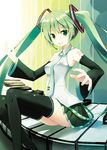  bare_shoulders black_legwear detached_sleeves green_eyes green_hair hatsune_miku headset instrument long_hair necktie open_mouth piano renee sitting smile solo thighhighs twintails very_long_hair vocaloid zettai_ryouiki 