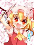  :d blonde_hair blush fang flandre_scarlet food happy hat jpeg_artifacts looking_at_viewer open_mouth pocky red_eyes short_hair side_ponytail smile solo takamoto_akisa tareme touhou translated wings 