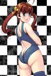  ass bad_id bad_pixiv_id blue_eyes brown_hair checkered cowboy_shot masao one-piece_swimsuit original single_thighhigh solo swimsuit thighhighs twintails 