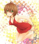  bare_shoulders barefoot blush bracelets breasts brief_(character) brown_hair cleavage costume_switch freckles genderswap green_eyes panties panty_&amp;_stocking_with_garterbelt panty_(cosplay) red_dress short_hair smile solo underwear 