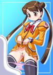  blush brown_eyes brown_hair censored formal katase_shima long_hair panties panties_down panty_pull skirt skirt_lift suit tanuki_gakuen twin_tails twintails uchuu_no_stellvia underwear 