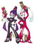  :p bayonetta bayonetta_(character) blue_eyes glasses green_eyes gun jeanne_(bayonetta) long_hair mole mole_under_mouth multiple_girls panty_&amp;_stocking_with_garterbelt parody purple_hair short_hair style_parody tongue tongue_out ushio_(siriuspika) very_long_hair weapon white_hair 