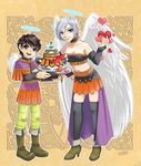  1girl 2co angel_wings blue_eyes breasts bridal_gauntlets choker cleavage dragon_quest dragon_quest_ix earrings elbow_gloves gloves halo heart hero_(dq9) jewelry large_breasts midriff raviel short_hair silver_hair skirt thighhighs wings 