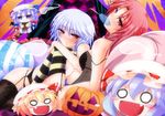  :&lt; :d bat_wings bed black_panties blonde_hair blue_hair blush blush_stickers candy character_doll chibi fang flandre_scarlet food garter_belt halloween hat hazuki_kasane head_wings hong_meiling izayoi_sakuya jack-o'-lantern koakuma lingerie lollipop mouth_hold multiple_girls o_o open_mouth panties patchouli_knowledge pillow pumpkin purple_eyes purple_hair red_eyes red_hair remilia_scarlet ribbon smile striped striped_legwear thighhighs touhou underwear underwear_only wings yukkuri_shiteitte_ne 