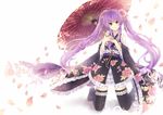  bad_id bad_pixiv_id black_legwear floral_print flower frills full_body hagiwara_rin hair_flower hair_ornament kneeling lolita_fashion long_hair looking_at_viewer oriental_umbrella original parasol petals purple_hair solo sparkle thighhighs twintails umbrella very_long_hair wa_lolita zettai_ryouiki 