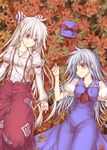  autumn bad_id bad_pixiv_id fujiwara_no_mokou kamishirasawa_keine leaf lying multiple_girls oukawa_yuu touhou 