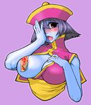  anti-earth_bomb blue_skin blush breasts chinese_clothes cleavage image_sample large_breasts lei_lei md5_mismatch ofuda pixiv_sample purple_hair red_eyes solo vampire_(game) 