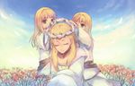  2boys alazon blonde_hair brothers child closed_eyes day flower head_wreath juuya kyou_kara_maou! mother_and_son multiple_boys putting_on_headwear saralegui siblings sky smile twins yelshi younger 