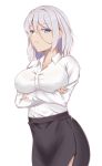  1girl absurdres azur_lane bangs blue_eyes breast_squeeze breasts collared_shirt crossed_arms erect_nipples highres large_breasts looking_at_viewer parted_lips pencil_skirt shirt short_hair side_slit silver_hair skirt solo standing staring tagme tastysalt tirpitz_(azur_lane) white_shirt 