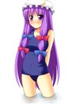  ash_(pixiv) crescent hat long_hair one-piece_swimsuit patchouli_knowledge purple_eyes purple_hair school_swimsuit solo swimsuit touhou wading 