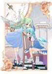  2girls absurdres arm_support black_footwear blue_bow blue_dress blue_eyes blue_hair blush bow card chair checkered_floor chinese_commentary cirno closed_mouth column commentary_request daiyousei detached_wings dress fairy_wings flower framed full_body gears green_hair hair_between_eyes hair_bow head_rest highres ice ice_wings jack_of_spades king_of_diamonds kneehighs lampshade leaf leaning_forward long_hair looking_at_viewer mary_janes medium_hair multiple_girls neck_ribbon neckerchief on_chair one_side_up pillar pillow playing_card puffy_short_sleeves puffy_sleeves red_neckerchief ribbon rose seven_of_diamonds shirt shoe_removed shoes short_sleeves sitting six_of_spades smile socks three_of_hearts touhou white_flower white_rose white_shirt white_socks wings wuzeiiezuw yellow_eyes yellow_ribbon 