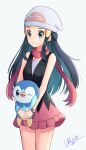  1girl beanie black_hair black_shirt blush closed_mouth commentary_request dawn_(pokemon) grey_eyes hair_ornament hairclip hat highres holding holding_pokemon long_hair pink_skirt piplup poke_ball_print pokemon pokemon_(creature) pokemon_(game) pokemon_dppt poketch shirt signature simple_background skirt sleeveless sleeveless_shirt smile ukyou_(ukyopokemon) watch white_background white_headwear wristwatch 