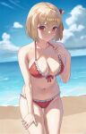  1girl beach bikini blonde_hair blue_sky bob_cut breasts cloud day frilled_bikini frills hair_ribbon hand_up highres large_breasts looking_at_viewer lycoris_recoil navel nishikigi_chisato ocean one_side_up outdoors parted_lips pulled_by_self red_bikini red_eyes red_ribbon ribbon shiyorumone short_hair skindentation sky smile solo stomach strap_gap strap_pull swimsuit thighs 