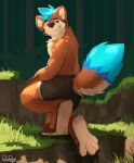  absurd_res anthro black_bottomwear black_clothing black_shorts blue_body blue_eyes blue_fur blue_hair blue_tail bottomwear brown_ears brown_tail canid clothed clothing full-length_portrait fur glistening glistening_eyes grass hair hi_res kneeling looking_at_viewer male mammal narrowed_eyes outside pache_riggs plant portrait short_hair shorts signature solo tan_inner_ear tan_tail topless tree 