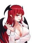 1girl bat_wings breasts cleavage demon_wings fang head_wings highres koakuma large_breasts long_hair open_mouth pointy_ears red_hair simple_background solo touhou welchsbinn white_background wings 