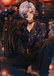  1boy absurdres belt black_pants black_shirt choker collared_shirt dark-skinned_male dark_skin earrings grey_hair hat highres hoop_earrings jewelry long_sleeves looking_at_viewer male_focus monocle original pants red_eyes shirt short_hair smile solo teeth wavy_hair yoichi_e 