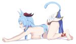  1girl all_fours animal_ear_fluff animal_ears ankle_bell barefoot blue_hair breast_rest breasts cat_ears cat_tail closed_eyes commentary_request ganyu_(genshin_impact) genshin_impact goat_horns horns kemonomimi_mode large_breasts long_hair noa_(nagareboshi) open_mouth sideboob simple_background solo tail tail_raised topless white_background 