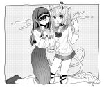  2girls :o absurdres animal_ears azen_(mntimcczgrtn) belt_collar blush bow bowtie cat_ears cat_tail claw_pose collar cyclops ear_piercing earrings fang greyscale highres jewelry kneeling long_hair long_sleeves looking_at_viewer miniskirt monochrome multiple_girls multiple_tails one-eyed original piercing pleated_skirt sailor_collar school_uniform serafuku shirt shoes skirt smile socks tail twintails two_tails 