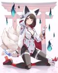  1girl absurdres animal_ears animal_hood bangs blunt_bangs breasts brown_hair cleavage closed_mouth cynd fake_animal_ears fingerless_gloves fox_shadow_puppet fox_tail gloves highres holding hood hood_up kitsune kneeling leotard long_sleeves looking_at_viewer medium_breasts multiple_tails original red_eyes short_hair shrug_(clothing) smile solo tail talisman white_gloves white_leotard 