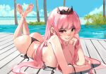  1girl artist_name ass bare_shoulders barefoot bikini black_bikini breasts elbow_rest fanbox_username feet feet_up full_body grin head_rest hololive hololive_english large_breasts long_hair looking_at_viewer lying mori_calliope on_stomach paid_reward_available patreon_username pink_hair red_eyes smile soles solo swimsuit sydus the_pose tiara tree untied untied_bikini virtual_youtuber water 