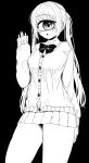  1girl :o azen_(mntimcczgrtn) black_background blush bow bowtie cyclops fang greyscale hand_up highres long_hair long_sleeves looking_at_viewer miniskirt monochrome one-eyed original parted_lips school_uniform simple_background skin_fang skirt sleeves_past_wrists solo twintails 