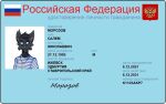  anthro black_body black_fur black_hair blue_eyes coat_of_arms domestic_cat felid feline felis fur hair hammer_and_sickle humanoid id_card jewelry male mammal necklace pink_nose russian russian_flag russian_text salem_morozov solo telnyashka text 