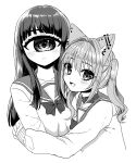  2girls :d absurdres animal_ears azen_(mntimcczgrtn) blush bow bowtie cat_ears closed_mouth collar cropped_torso cyclops ear_piercing earrings fang greyscale hair_intakes highres hug jewelry long_hair looking_at_viewer monochrome multiple_girls one-eyed original piercing school_uniform serafuku simple_background smile twintails white_background 