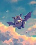  bat_wings blue_sky bronto_burt cloud flying gloves highres kirby kirby_(series) looking_up mask meta_knight moon on_person sky star_(sky) starry_sky suyasuyabi waddle_dee wings yellow_eyes 