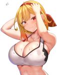  1girl armpits arms_up blonde_hair bow bra breasts cleavage closed_mouth collarbone commentary english_commentary gradient_hair hair_bow highres hololive hololive_indonesia kaela_kovalskia large_breasts long_hair looking_at_viewer midriff multicolored_hair orange_hair red_bow red_eyes short_hair signature simple_background skindentation solo sports_bra sportswear sweat underwear upper_body virtual_youtuber white_background white_bra white_sports_bra yua_(argaoffroad) 