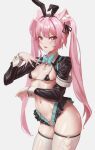  102181195 1girl :d absurdres animal_ear_fluff animal_ears aqua_bow aqua_bowtie bikini black_ribbon bow bowtie breasts breasts_apart commentary_request contrapposto extra_ears fake_animal_ears frilled_skirt frills hair_ribbon hand_up heart_o-ring heterochromia highres long_hair looking_at_viewer micro_bikini miniskirt open_mouth original pink_eyes pink_hair playboy_bunny revealing_clothes ribbon shadow shiny shiny_skin shrug_(clothing) simple_background skirt small_breasts smile solo stomach swimsuit thighhighs twintails white_background white_thighhighs 