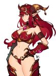  1girl absurdres alexstrasza armor bare_shoulders bikini bikini_armor breasts cleavage closed_mouth distr gloves hand_on_hip highres horn_ornament horn_ring horns large_breasts long_eyebrows long_hair looking_at_viewer navel pointy_ears red_bikini red_eyes red_gloves red_hair signature simple_background slit_pupils solo standing swimsuit warcraft white_background world_of_warcraft 