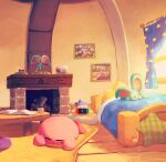  absurdres bandana bandana_waddle_dee bed blue_bandana book closed_eyes coffee_table curtains elfilin fireplace handheld_game_console highres holding holding_handheld_game_console indoors kirby kirby_(series) kirby_and_the_forgotten_land log nintendo_switch sleeping suyasuyabi table window 