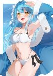  1girl :d ahoge arm_up armpits auui bikini blue_coat blue_hair blue_sky blush border breasts cleavage cloud coat collarbone flower fur-trimmed_coat fur_trim hair_flower hair_ornament heart heart_ahoge highres hololive layered_bikini medium_breasts navel open_mouth pointy_ears side_ahoge sky smile solo stomach swimsuit teeth thighs upper_teeth virtual_youtuber white_bikini white_border white_flower yellow_eyes yukihana_lamy 