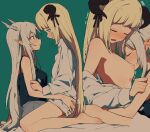  2girls arknights black_tank_top blonde_hair blue_eyes blush breasts closed_eyes coldcat. collared_shirt curled_horns demon_horns face-to-face green_background grey_hair grey_shorts highres horns kiss long_hair multiple_girls naked_shirt nightingale_(arknights) nipples one_eye_closed open_mouth pointy_ears red_eyes shining_(arknights) shirt shorts simple_background small_breasts straddling tank_top very_long_hair white_shirt yuri 
