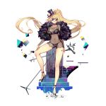  1girl bangs bare_legs black_footwear black_headwear black_surge_night blonde_hair bra breasts character_request cleavage feather_boa floating_hair full_body hat high_heels highres holding holding_microphone_stand long_hair luode_huayuan medium_breasts microphone microphone_stand nipples panties parted_lips ponytail see-through simple_background solo sunglasses tilted_headwear top_hat underwear very_long_hair white_background 
