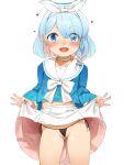  1girl :d arona_(blue_archive) ass_visible_through_thighs bangs black_panties blue_archive blue_eyes blue_hair blue_shirt blush bow bow_panties braid choker clothes_lift collarbone eyes_visible_through_hair hair_over_one_eye hair_ribbon hairband halo heart highres lifted_by_self long_hair long_sleeves looking_at_viewer multicolored_hair nishiuri panties pink_hair pleated_skirt puffy_long_sleeves puffy_sleeves ribbon sailor_collar shirt side-tie_panties simple_background single_braid skirt skirt_lift smile solo standing two-tone_hair underwear white_background white_bow white_choker white_hairband white_ribbon white_sailor_collar white_skirt 