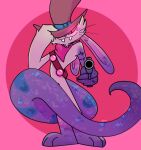  absurd_res anthro bandanna bandanna_on_neck blue_spots cheek_tuft chin_tuft clothing cowboy cowboy_hat facial_tuft fangs fur gun handgun hat hat_over_one_eye headgear headwear hi_res hybrid kerchief lagomorph leporid male mammal pink_background purple_body purple_scales rabbit ranged_weapon red_sclera reptile revolver scales scalie simple_background smile smirk smug smug_face snake solo spots spotted_body spotted_scales the_xing1 tipping_hat tuft weapon white_body white_fur 