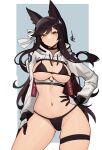 1girl :3 absurdres animal_ears atago_(azur_lane) azur_lane bikini black_bikini black_choker black_hair breasts choker closed_mouth commission contrapposto cropped_hoodie distr hair_ribbon hand_on_hip highres hood hood_down hoodie large_breasts long_hair long_sleeves looking_at_viewer micro_bikini mole mole_under_eye narrow_waist navel ribbon signature smile smug solo swimsuit very_long_hair white_ribbon yellow_eyes 