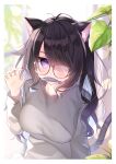  1girl absurdres animal_ear_fluff animal_ears bangs black_hair blush border breasts cat_ears cat_tail chihiro_(khorosho) clenched_hand fish fish_in_mouth food glass glasses gradient gradient_hair grey_sweater hair_over_one_eye highres indoors large_breasts long_hair long_sleeves looking_at_viewer messy_hair multicolored_hair one_eye_covered original paw_pose plant pose purple_eyes purple_hair red-framed_eyewear sidelocks solo sweater tail white_border window 