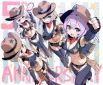  4girls ayanami_(azur_lane) azur_lane azur_lane:_slow_ahead bangs blue_eyes blue_pants blue_vest blush braid breasts brown_hair brown_headwear chaps cleavage cowboy cowboy_hat fringe_trim grey_hair hair_between_eyes half-closed_eyes hat hori_(hori_no_su) javelin_(azur_lane) laffey_(azur_lane) lasso long_hair manjuu_(azur_lane) medium_breasts multiple_girls navel official_art open_clothes open_vest pants ponytail purple_hair red_eyes small_breasts smile twin_braids twintails vest z23_(azur_lane) 