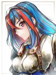  1girl alear_(fire_emblem) alear_(fire_emblem)_(female) armor bangs blue_eyes blue_hair blush bow braid breasts clear_glass_(mildmild1311) crossed_bangs crown_braid fire_emblem fire_emblem_engage heterochromia highres jewelry long_hair looking_at_viewer medium_breasts multicolored_hair red_eyes red_hair smile solo tiara two-tone_hair very_long_hair 