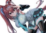  1girl animal_ears armpits black_thighhighs breasts brown_hair cosplay daiwa_scarlet_(umamusume) detached_sleeves fang fang_out hatsune_miku hatsune_miku_(cosplay) high_heels highres horse_ears horse_girl horse_tail kneeling looking_at_viewer necktie pleated_skirt red_eyes sasanon_(sasapoliton) skirt smile solo tail thighhighs tiara twintails umamusume vocaloid 